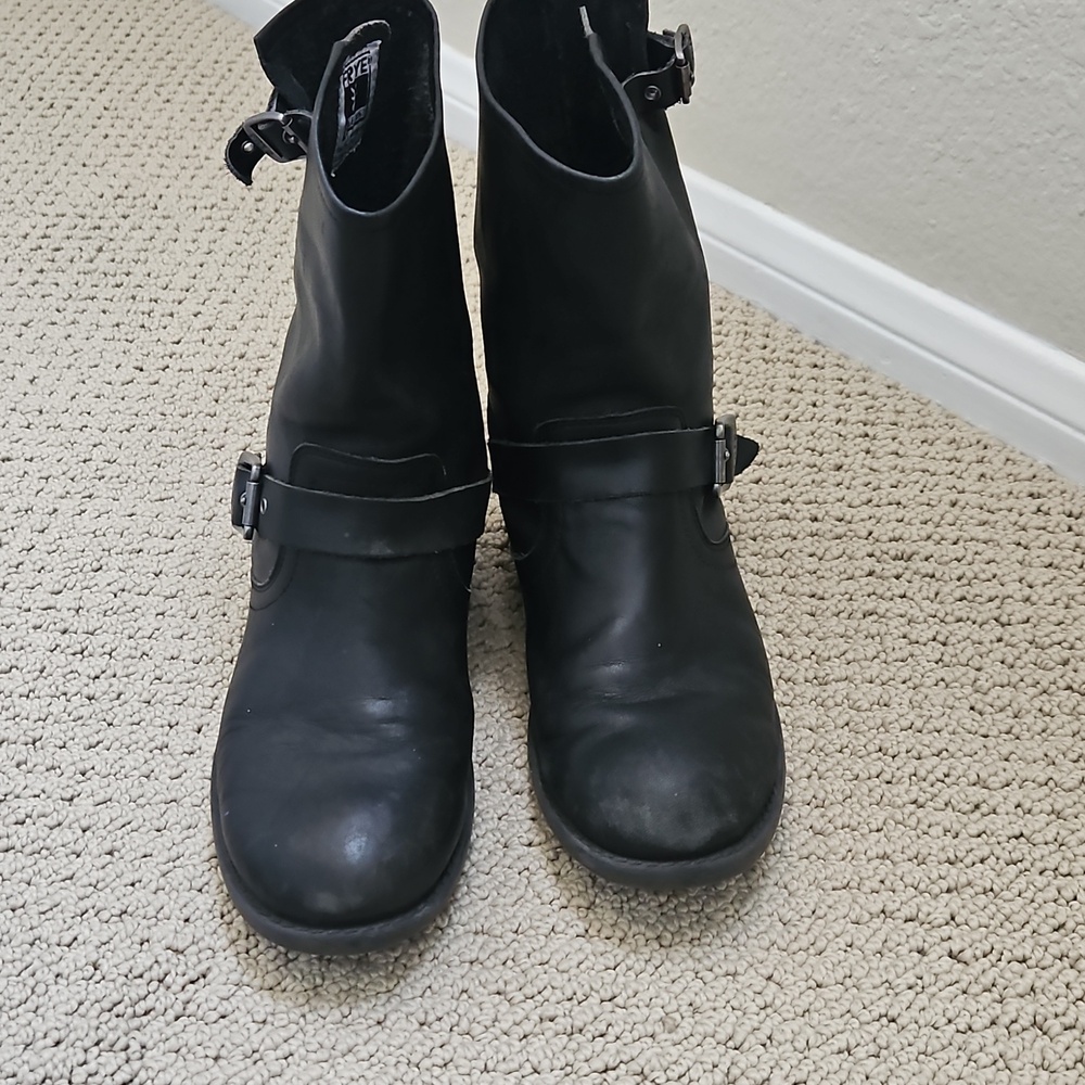 Frye Black Leather Mid-Calf Buckle Boots - Picture 2 of 7